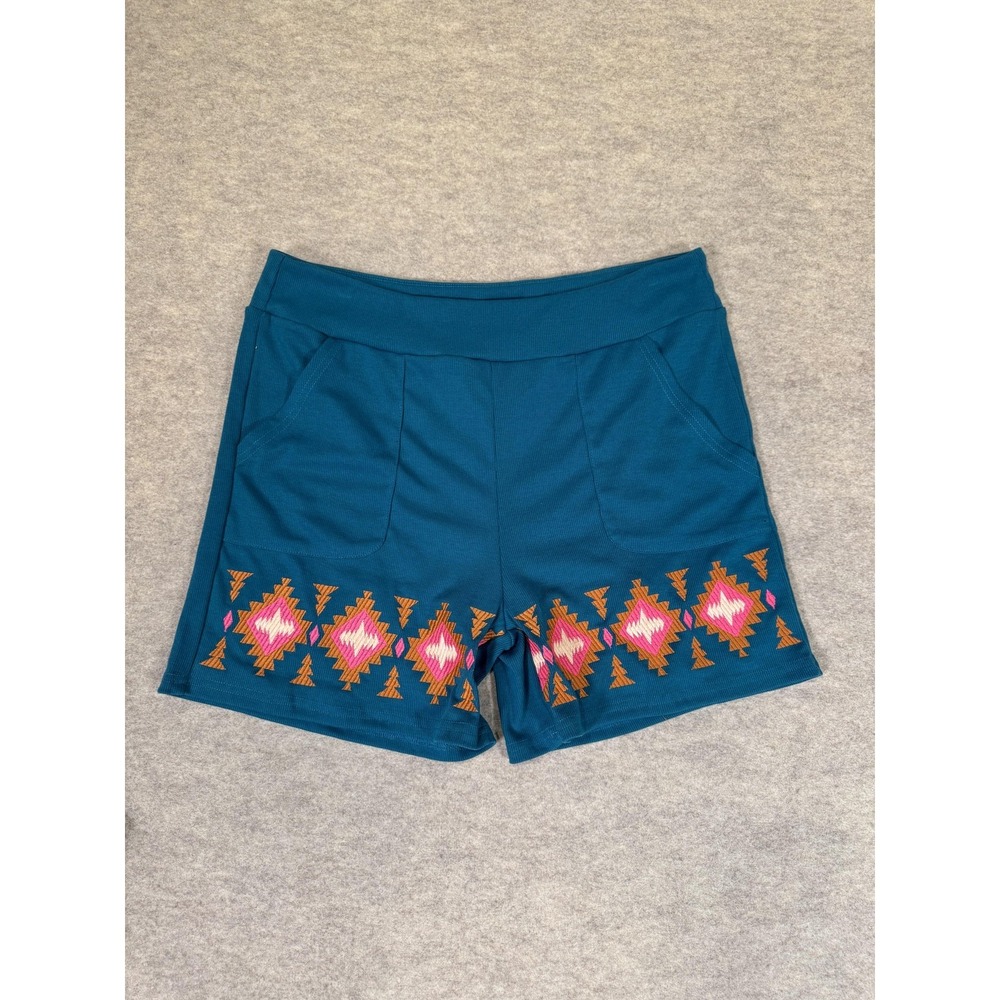 Two 2 Fly Shorts Womens Medium Blue Sweat Aztec Southwestern Knit Casual
